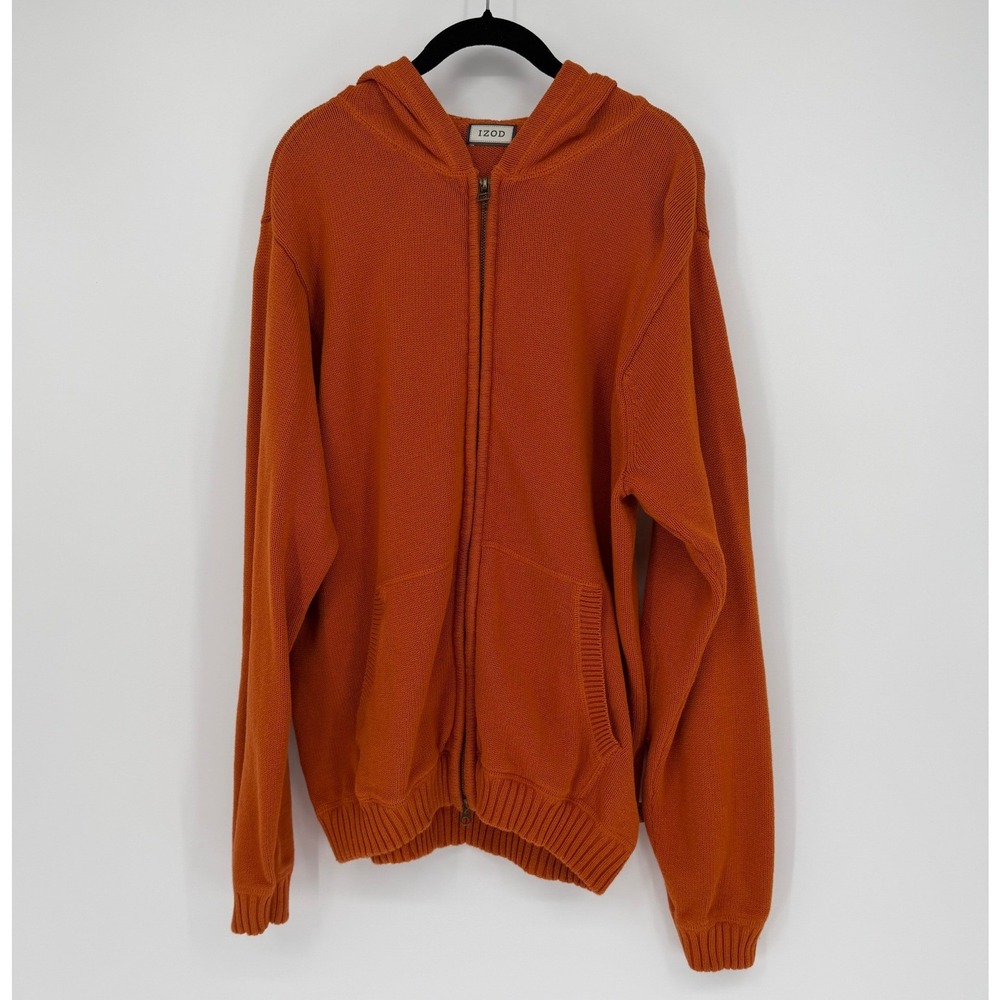 Izod Mens Burnt Orange Full Zip Cotton Knit Hooded Sweater Jacket Size L